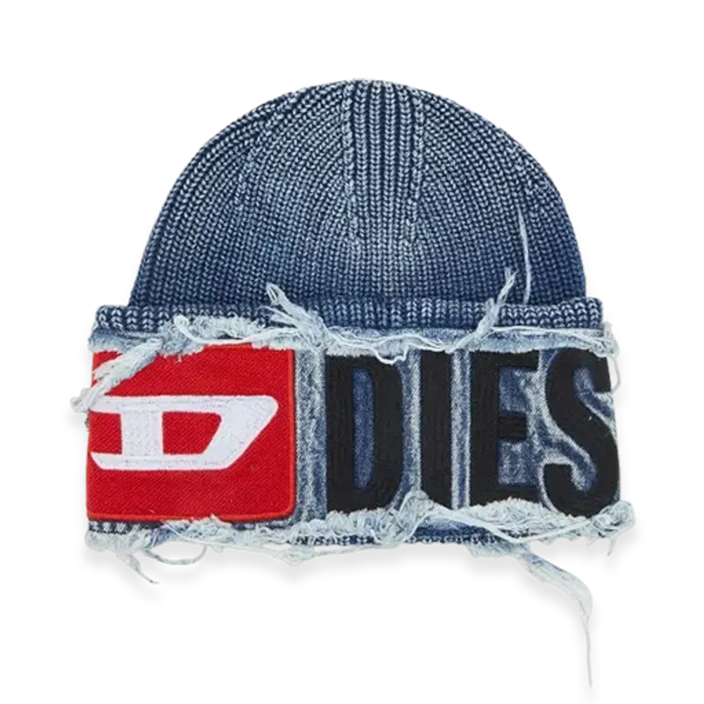 Diesel K-Frok Denim Effect Beanie With Bold Patch Detail "Blue"