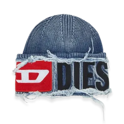 Diesel K-Frok Denim Effect Beanie With Bold Patch Detail "Blue"