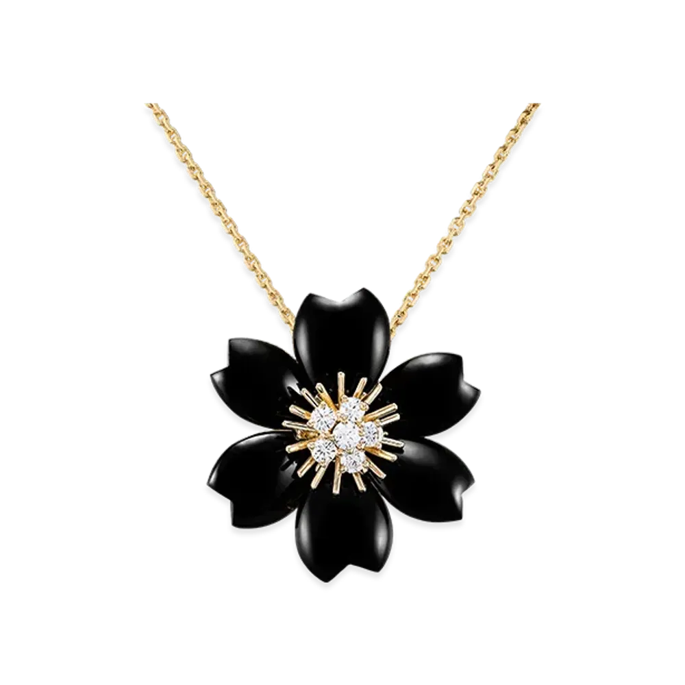 Van Cleef & Arpels Rose de Noel clip pendant small model "18K Yellow gold/Onyx/Diamond"