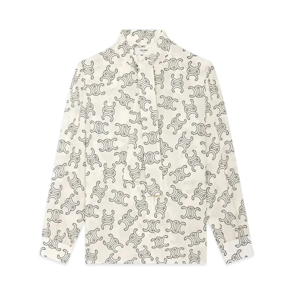 CELINE Women's Lavalliere Blouse in Cre pe De Chine "Creme/Noir"