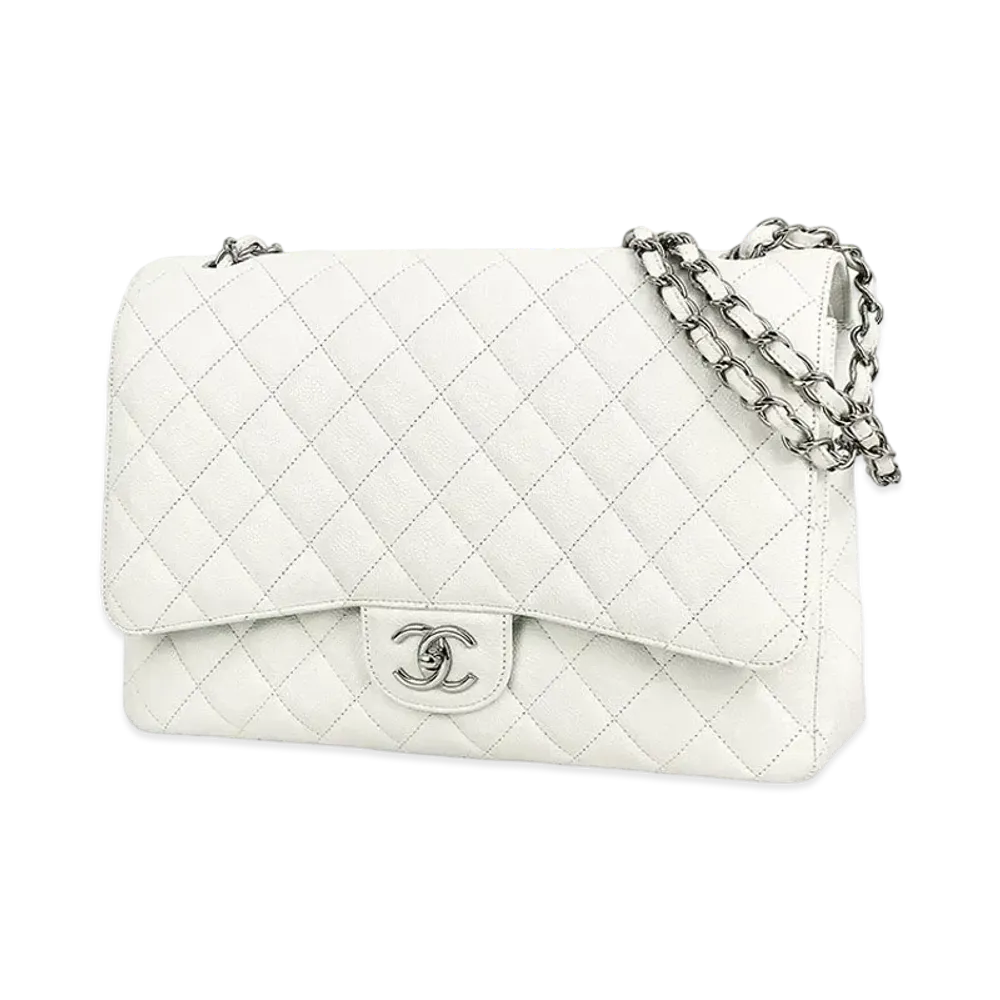 CHANEL Deca Matelasse Double Flap Caviarskin "White/Silver"