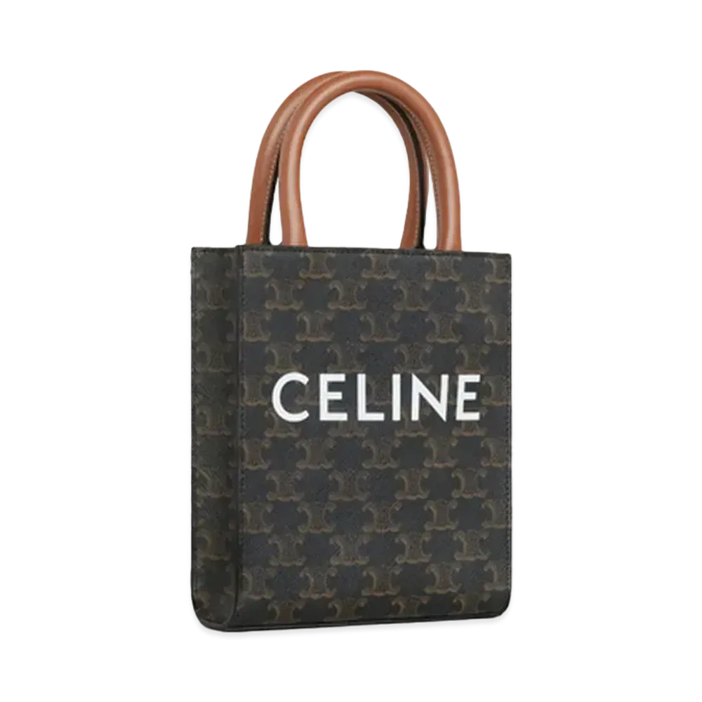 CELINE Mini Vertical Cabas In Triomphe Canvas and Calfskin With Celine Print "Tan"