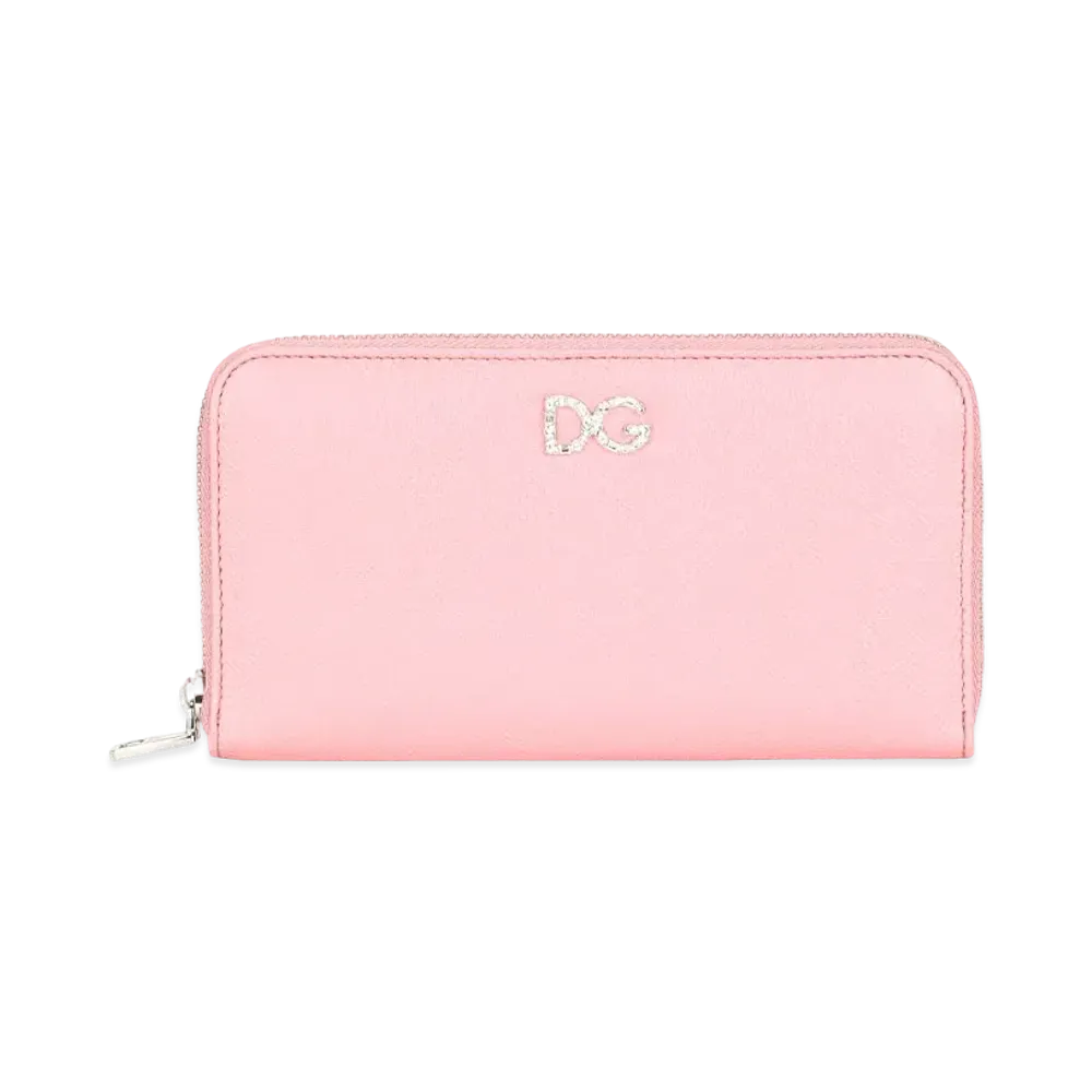 Dolce&Gabbana Zip Around Wallet Dauphine Calfskin DG Rhinestone "Pink"
