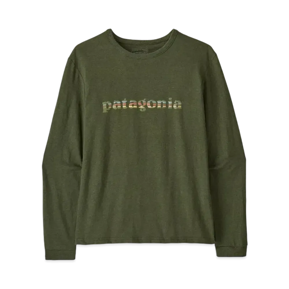Patagonia Women's Longsleep 73 Text Logo Responsibility "Pine Green"