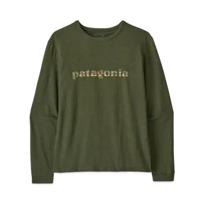 Patagonia Women's Longsleep 73 Text Logo Responsibility "Pine Green"