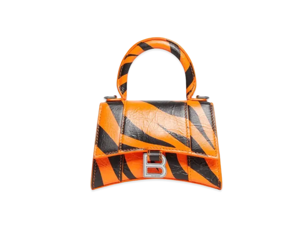 BALENCIAGA Year Of The Tiger Hourglass Mini Handbag With Chain Tiger Printed "Tangerine"