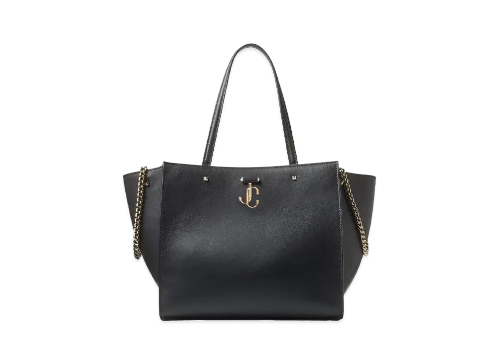 JIMMY CHOO VARENNE TOTE Light Gold JC Logo With Fine Shiny Curf Leather Tote Bag "Black"