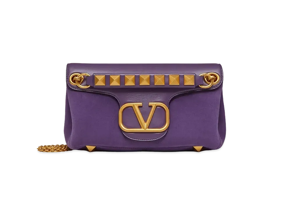 Valentino Studs Sign Nappa Leather Suede Shoulder Bag "Purple"