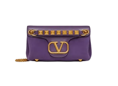 Valentino Studs Sign Nappa Leather Suede Shoulder Bag "Purple"