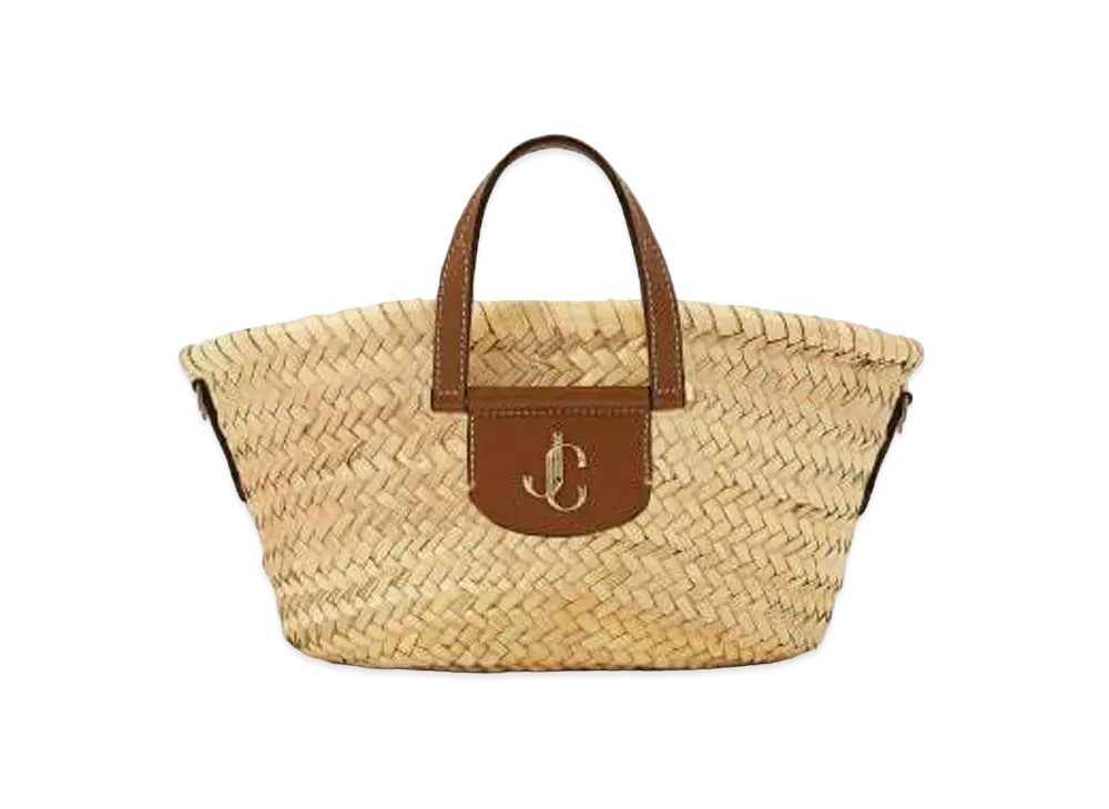 Jimmy Choo Macy Tote/S Palm Leaf Raffia Calf Leather Tote Bag With JC Logo "Light Gold/Natural/Dark Tan"