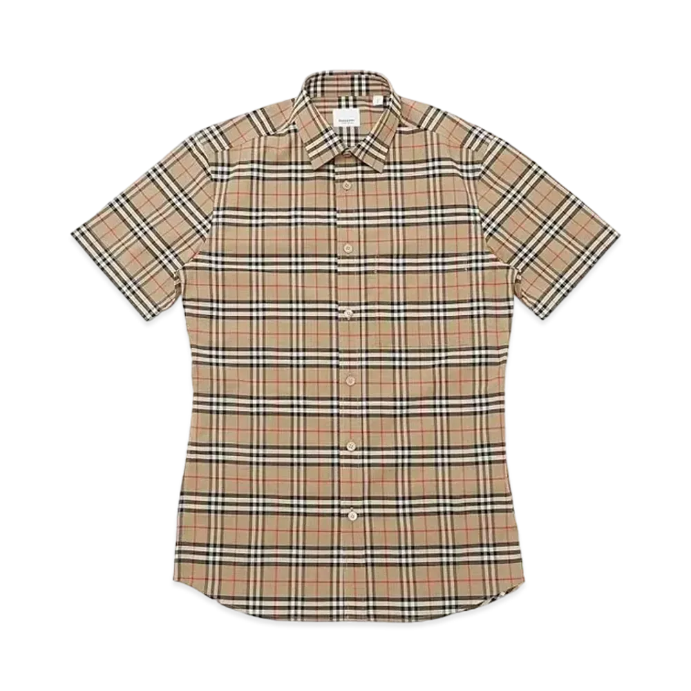 Burberry Men's Short Sleeve Check Stretch Cotton Shirt "Archive Beige"