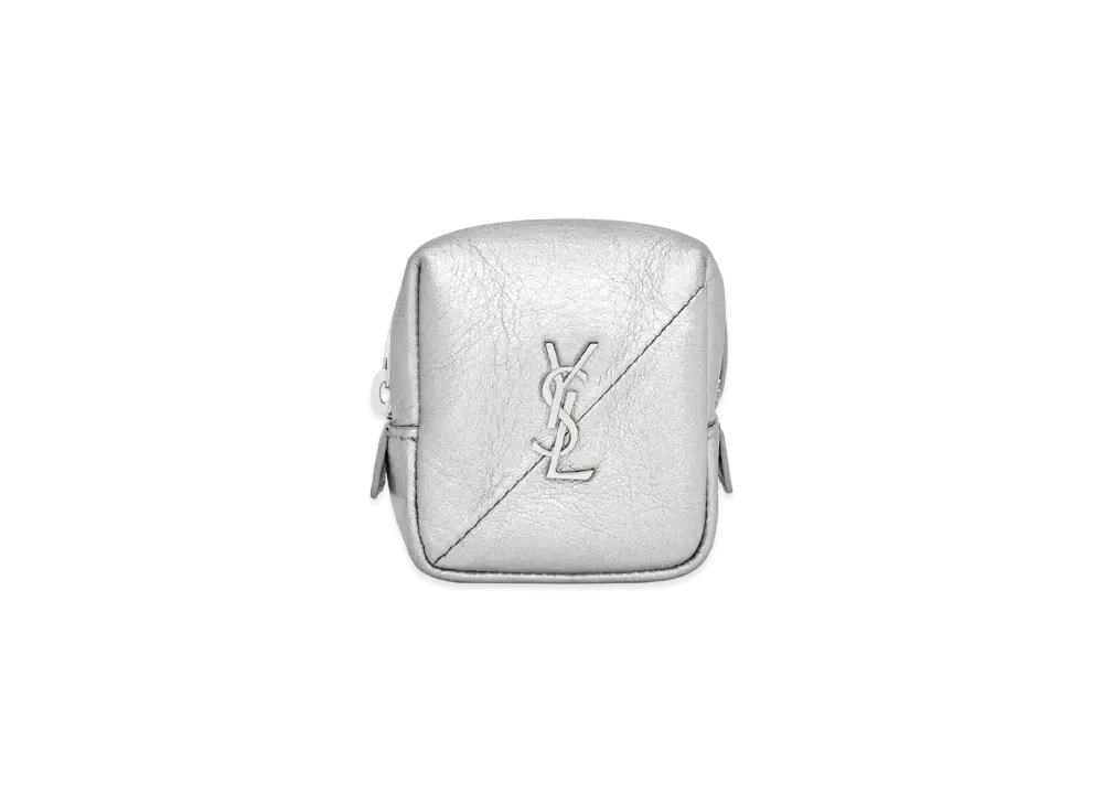 SAINT LAURENT Jamie Cube Charm In Crinkled Lame Leather "Silver"