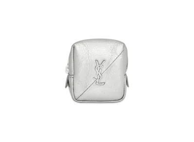 SAINT LAURENT Jamie Cube Charm In Crinkled Lame Leather "Silver"