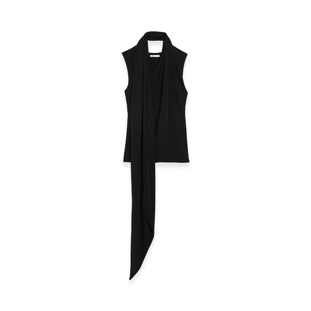 AMI PARIS Jersey Sleeveless Lavalliere Top "Black"