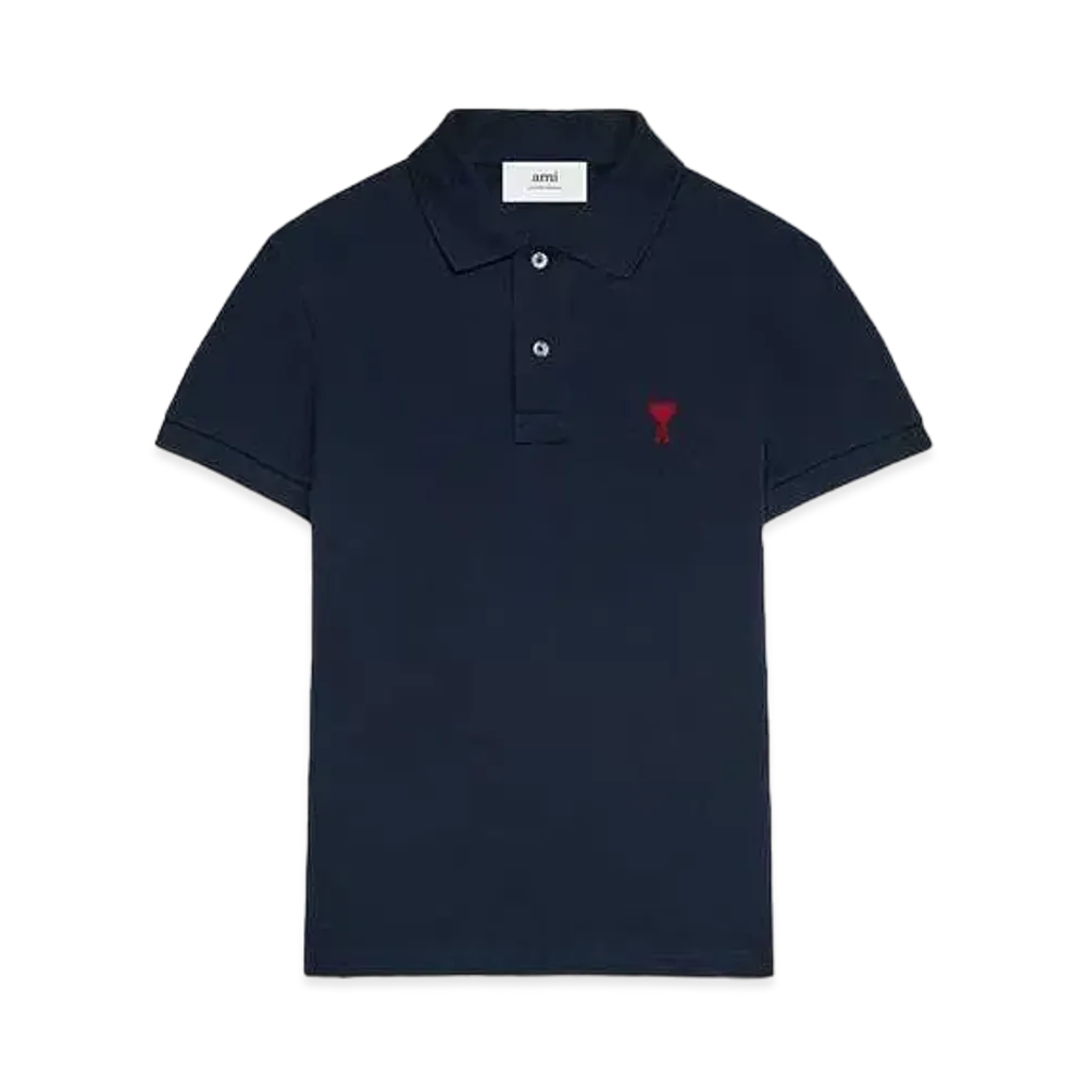AMI PARIS Organic Cotton Pique AMI DE COEUR Polo Shirt "Night Blue "