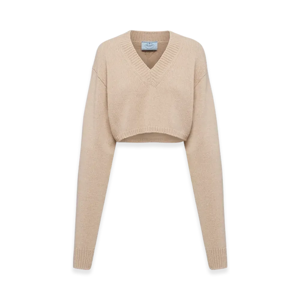 PRADA Women's Wool and Cashmere V-Neck Sweater "Camel Brown"