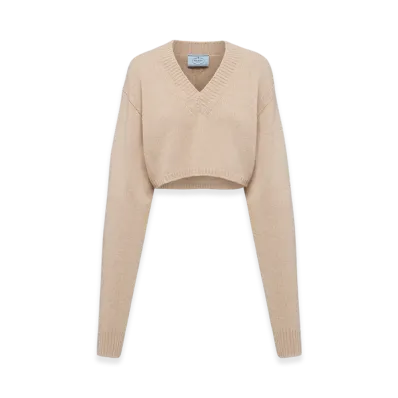 PRADA Women's Wool and Cashmere V-Neck Sweater "Camel Brown"