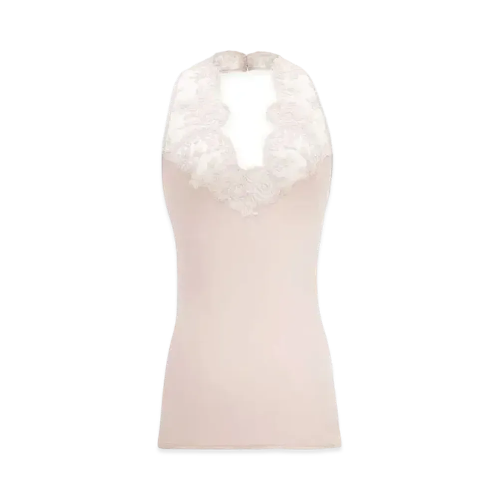 Saint Laurent Women's Halter Top in Silk Charmeuse and Lace "Rose"