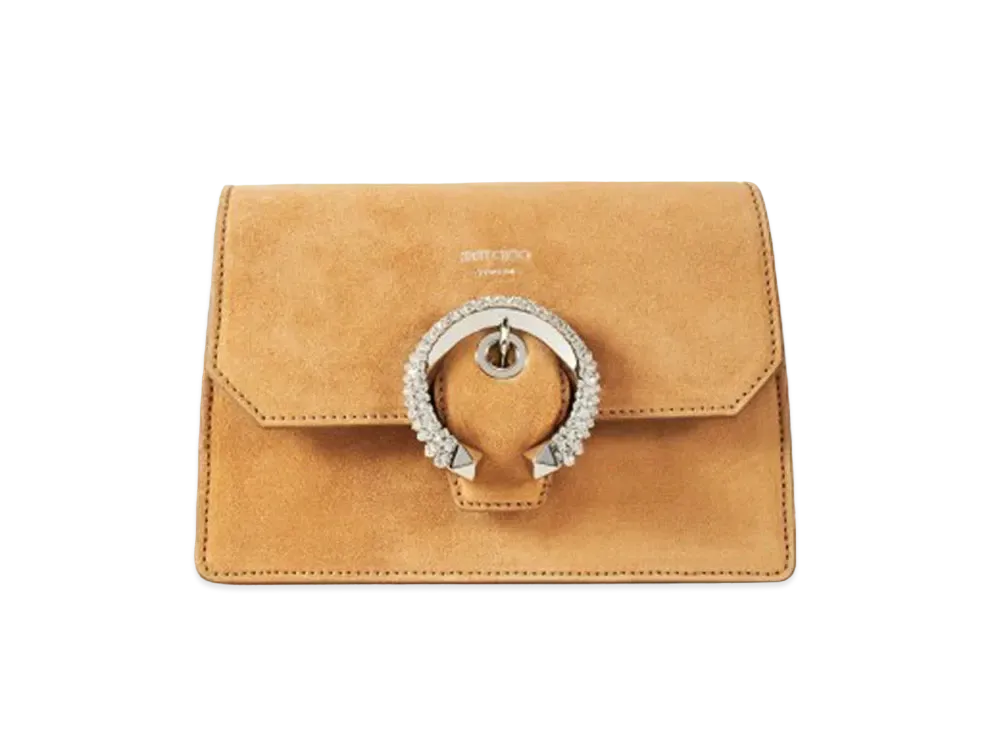Jimmy Choo Madeline Crossbody Suede Crossbody Bag With Crystal Buckle "Caramel"