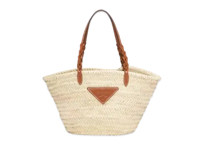 PRADA Woven Palm & Leather Tote Bag "Beige/Cognac"