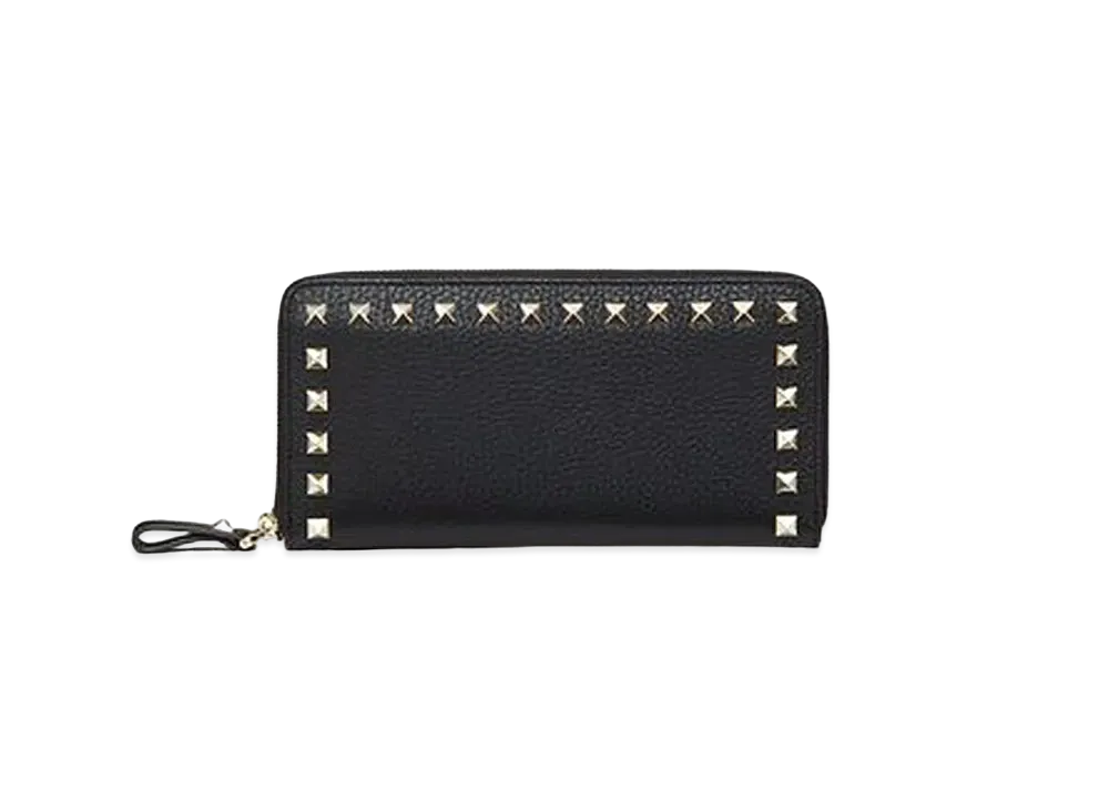 Valentino Rockstud Grainy Calfskin Zippered Wallet "Black"