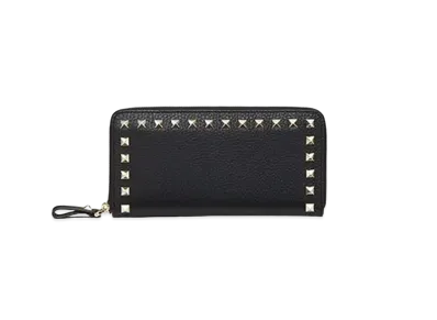 Valentino Rockstud Grainy Calfskin Zippered Wallet "Black"