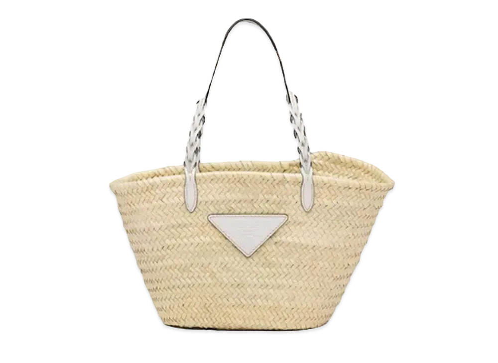 PRADA Woven Palm & Leather Tote Bag "Beige/White"