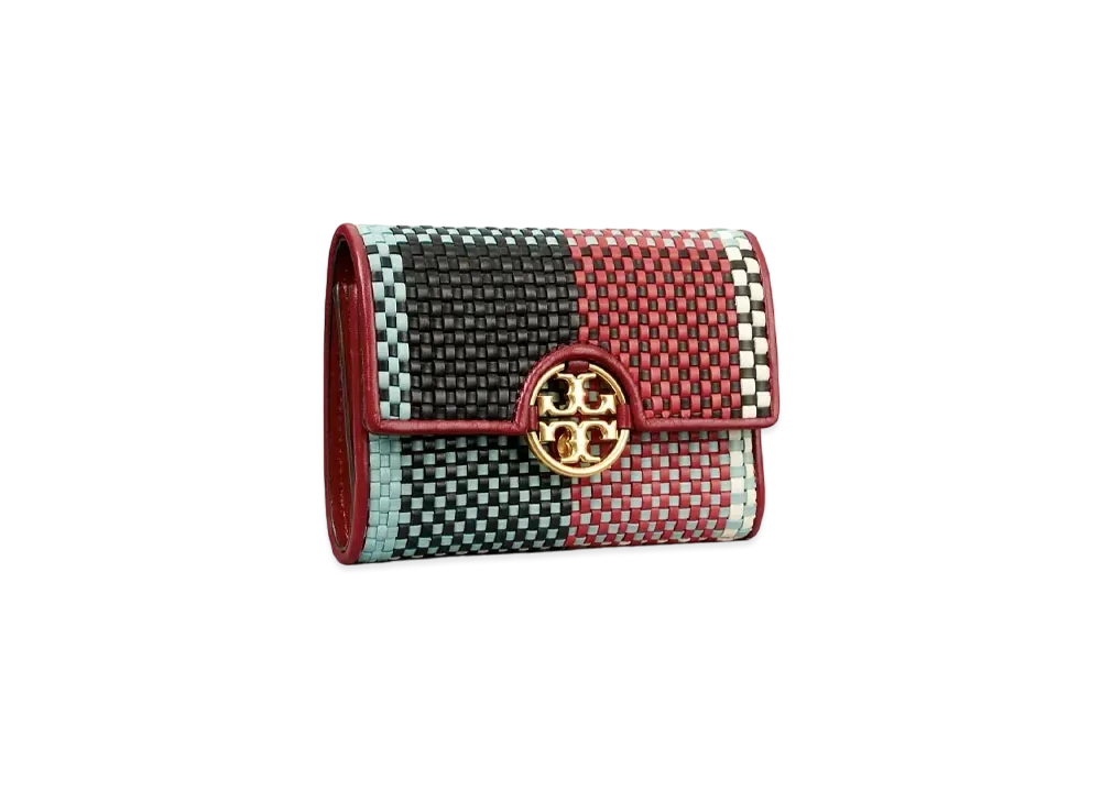 Tory Burch Miller Woven Plaid Medium Flap Wallet "Red.Multi"