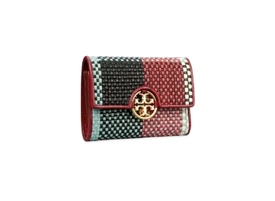 Tory Burch Miller Woven Plaid Medium Flap Wallet "Red.Multi"
