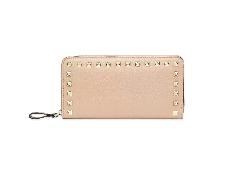 Valentino Rockstud Grainy Calfskin Zippered Wallet "Poudre"