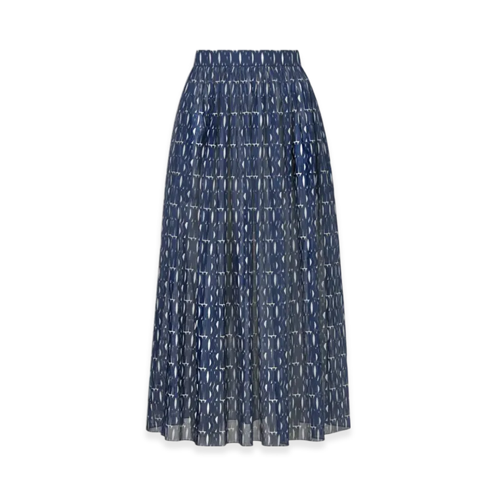 Dior Women's Cotton Muslin with Miss Dior Allover Motif Pleated Mid Length Skirt "White/Navy Blue"