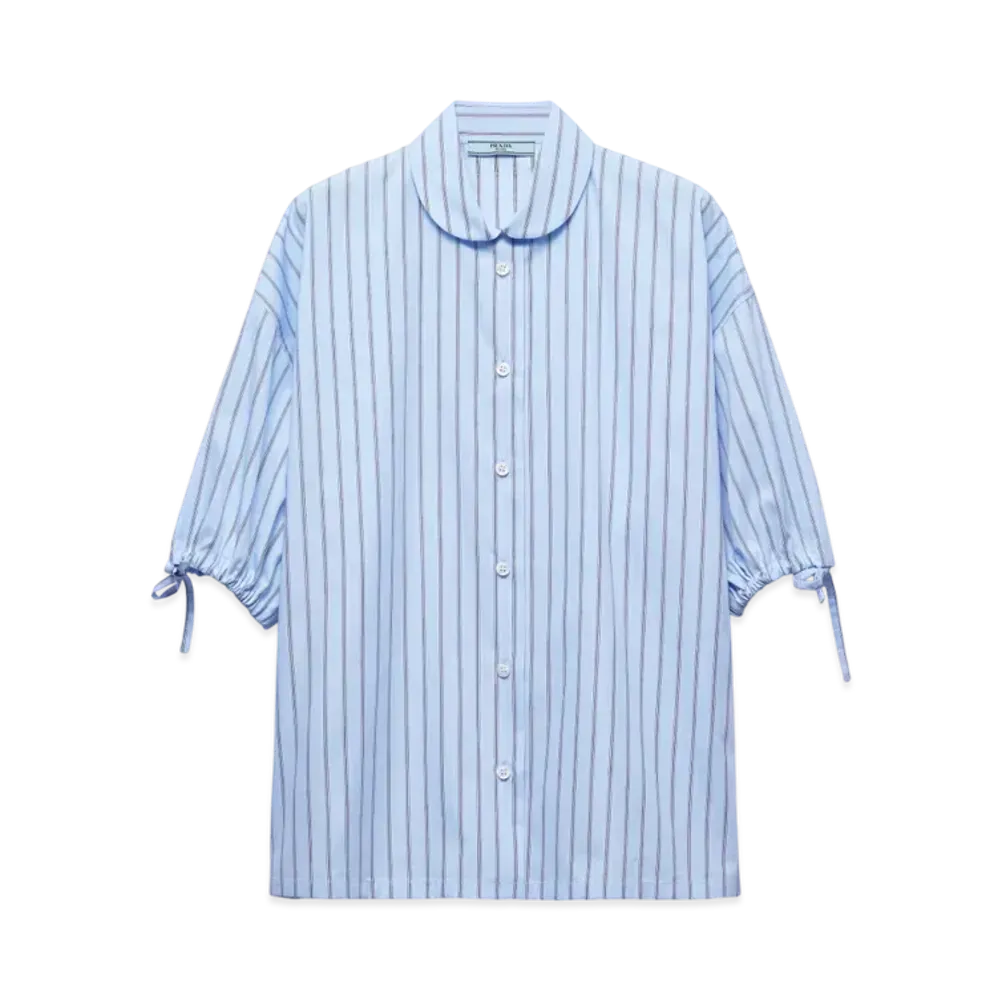 PRADA Women's Short-Sleeved Striped Poplin Shirt "Gray/Blue"