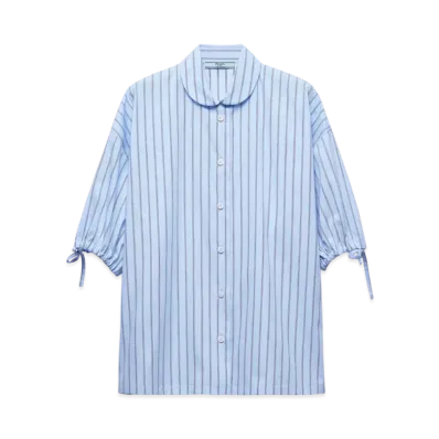 PRADA Women's Short-Sleeved Striped Poplin Shirt "Gray/Blue"
