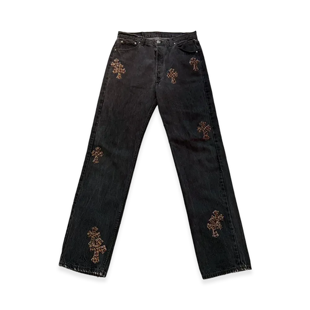 Chrome Hearts Levi's Vintage 501 Leopard Harako Leather Cross Patch Denim Pants "Gray/Leopard"