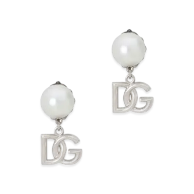 Dolce&Gabbana Drop Earrings With Pearls And DG Logo "Silver"