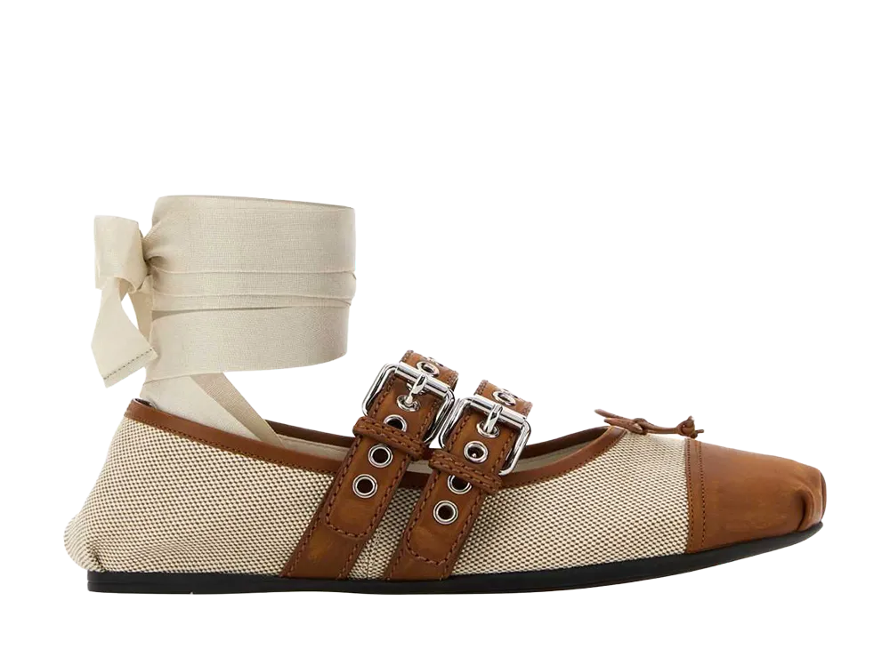 MIU MIU Women's Canvas and Leather Ballerinas "Beige/Tobacco"