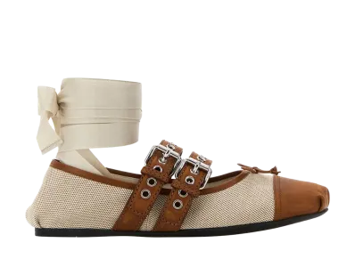 MIU MIU Women's Canvas and Leather Ballerinas "Beige/Tobacco"