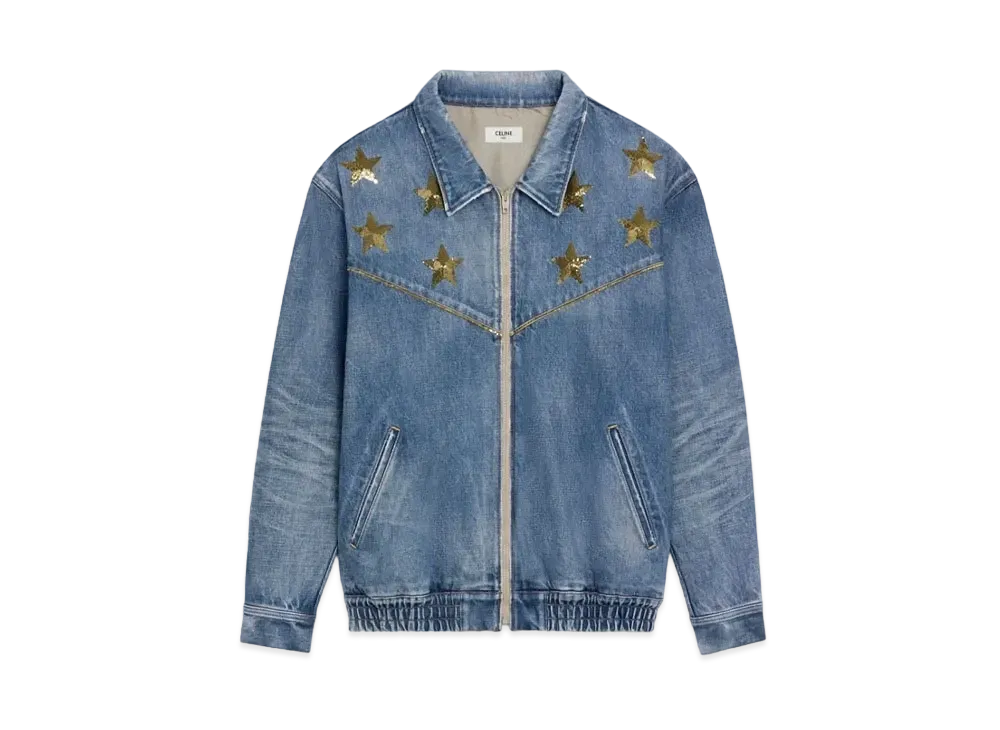 CELINE Embroidered Teddy Jacket In Union Wash Denim With Stars "Indigo"