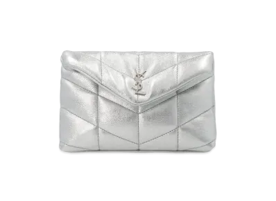 SAINT LAURENT Puffer Small Pouch In Crinckled Lame Leather "Silver Black"