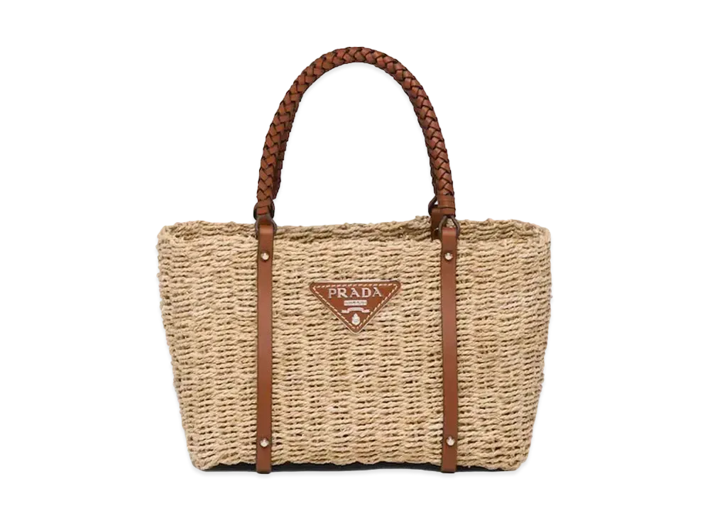 PRADA Corn Husk & Leather Tote Bag "Beige/Cognac"
