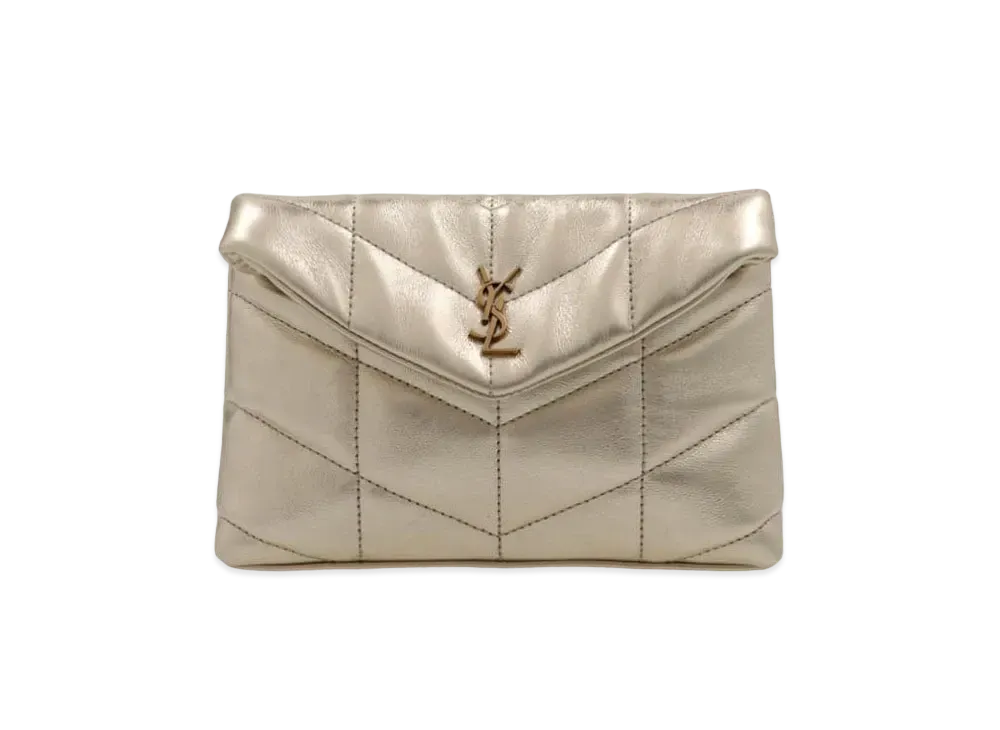 SAINT LAURENT Puffer Small Pouch In Quilted Lame Leather "Pale Gold/Black"