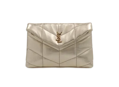 SAINT LAURENT Puffer Small Pouch In Quilted Lame Leather "Pale Gold/Black"