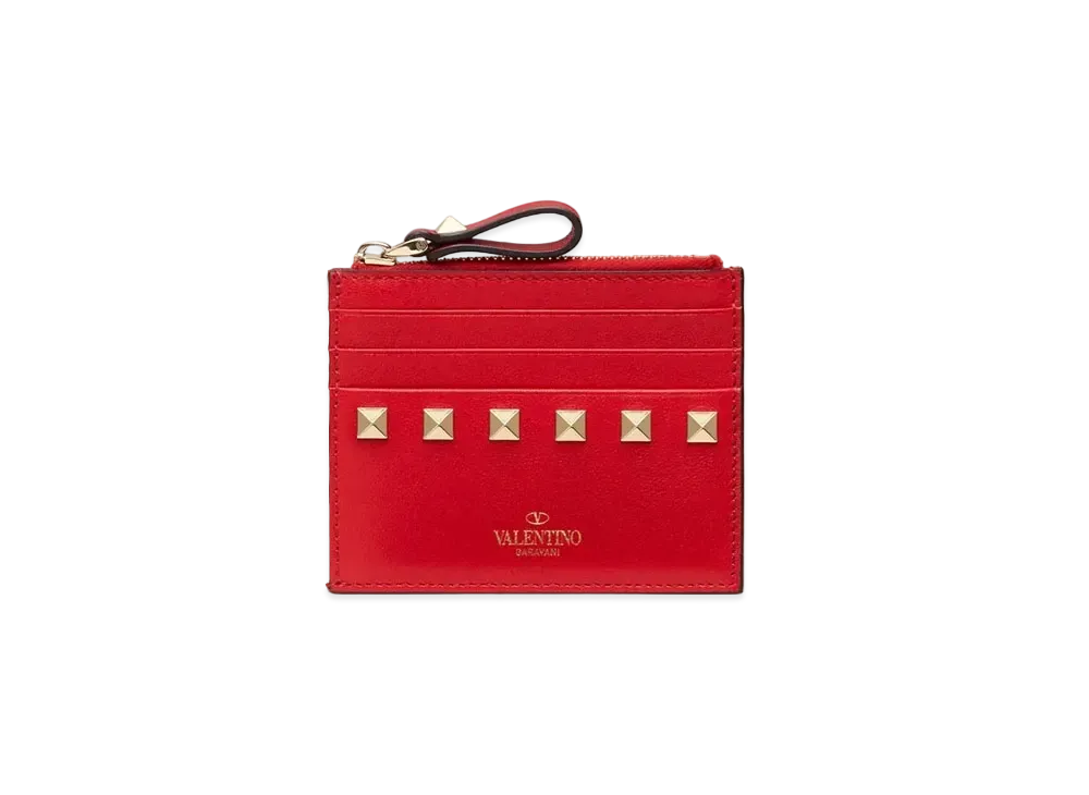 Valentino Rockstud Calfskin Cardholder With Zipper "Pure Red"