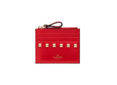 Valentino Rockstud Calfskin Cardholder With Zipper "Pure Red"