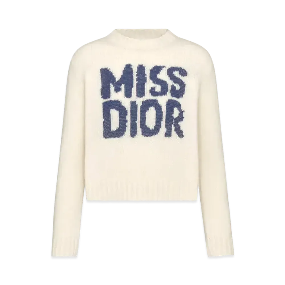 Dior Sweater Ecru Cashmere and Silk Knit with Miss Dior Graffiti Motif "Blue"