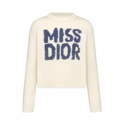 Dior Sweater Ecru Cashmere and Silk Knit with Miss Dior Graffiti Motif "Blue"