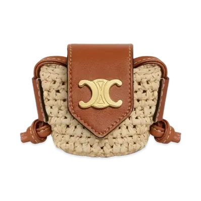 CELINE Crossbody Airpods Panier in Raffia and Calfskin "Tan"