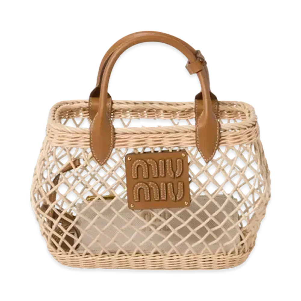 MIUMIU Woven Fabric Handbag with Leather Trim "Beige/Camel"