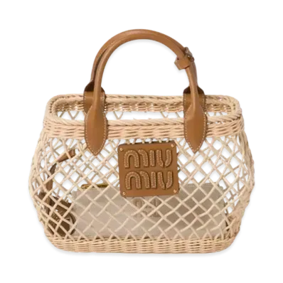 MIUMIU Woven Fabric Handbag with Leather Trim "Beige/Camel"