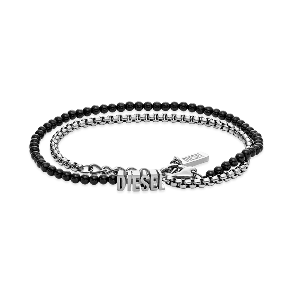 Diesel Dx1542040 Jewel Black Agate Beaded Wrap Bracelet "Silver Black"